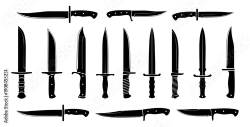 Black silhouette knife set featuring diverse combat and hunting designs for survival, hunting, and outdoor activities