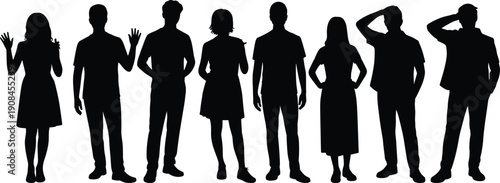 Standing people silhouettes lineup, men women casual poses collection, anonymous characters diversity concept, modern lifestyle group, isolated black vector illustration