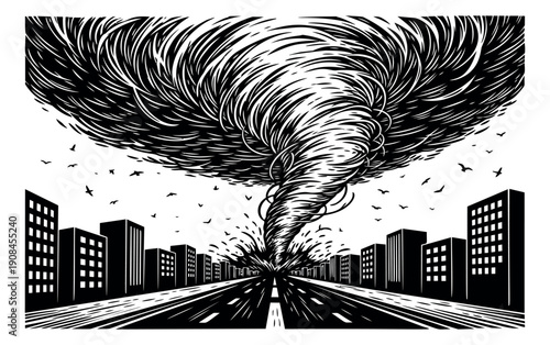 Black and white line art illustration of a tornado depicting urban destruction for a natural disaster concept