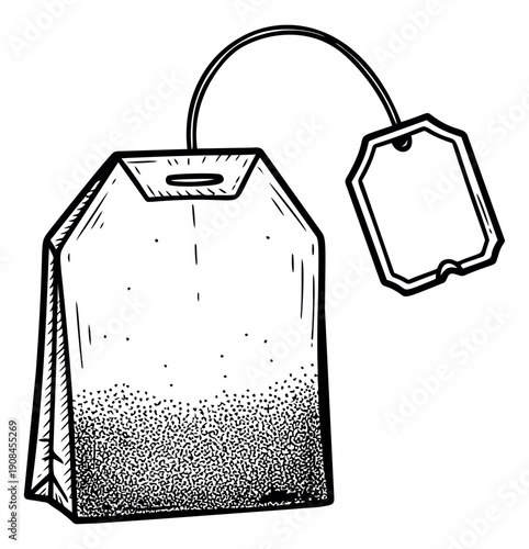 Hand drawn line art illustration of a teabag for hot beverage preparation