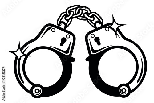 Line art illustration of shiny handcuffs depicting linked security for legal and law enforcement