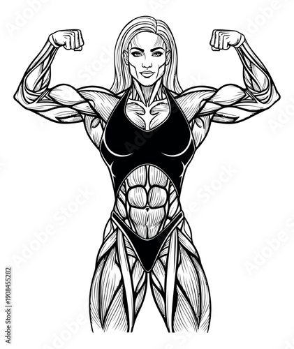 Hand drawn line art illustration of a muscular female bodybuilder depicting anatomical muscles for fitness and health