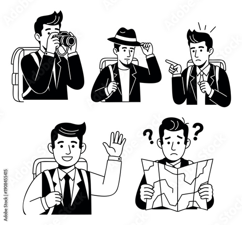 Hand drawn line art tourist characters set featuring a man in various travel poses for vacation and exploration concepts