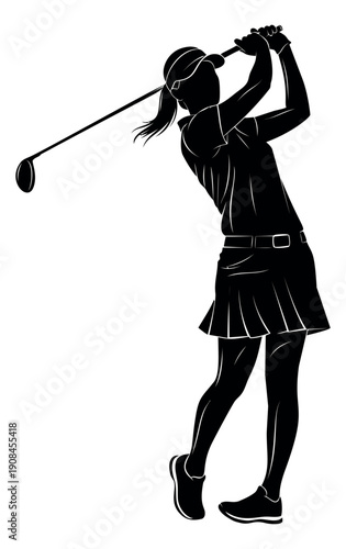 Line art illustration of a female golfer depicting a powerful golf swing for sports competition