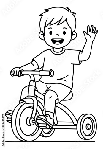Hand drawn line art illustration of a happy boy on a tricycle depicting him waving his hand for children's themes
