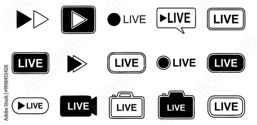 Modern multimedia icon set featuring live stream, play, fast forward, and camera symbols for online video and user interface design