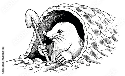 Hand drawn line art illustration of a mole depicting holding a shovel in its burrow for nature and gardening projects