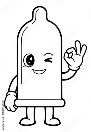Line art illustration of a condom character depicting a winking face and an okay hand gesture for sexual health awareness