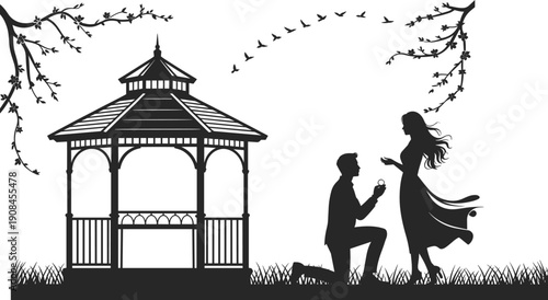 Silhouette of a man proposing to a woman in front of a gazebo with birds and branches proposal