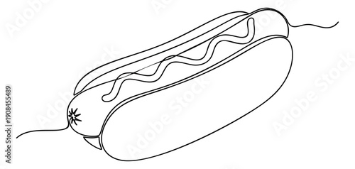 Continuous line art illustration of a hot dog depicting mustard for fast food advertising
