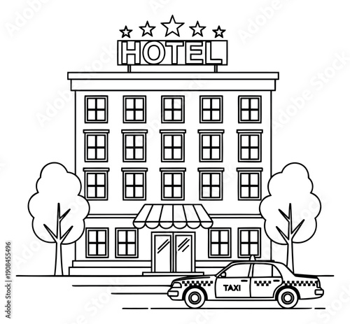 Hand drawn line art illustration of a hotel building depicting a taxi waiting outside for travel and accommodation
