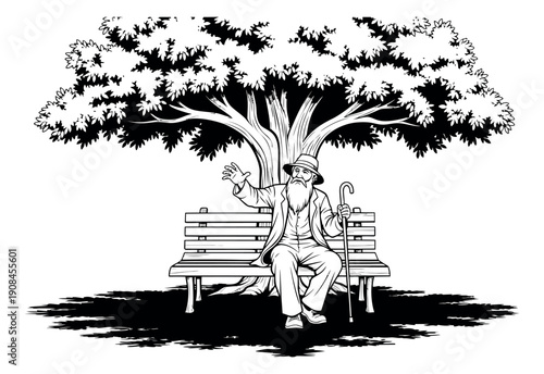 Line art illustration of an elderly man depicting sitting on a park bench under a tree for outdoor storytelling
