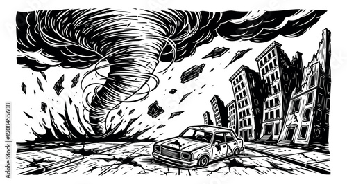 Hand drawn line art illustration of a city being hit by a tornado depicting widespread destruction for natural disaster concepts