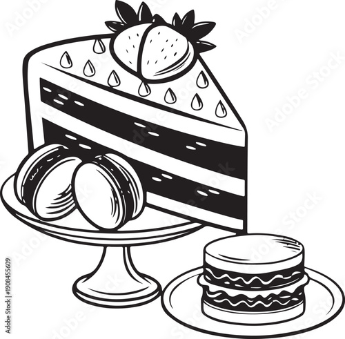 Gourmet dessert silhouette vector illustration, minimalist cake macaroon pastry sweet food flat design isolated transparent background for commercial use