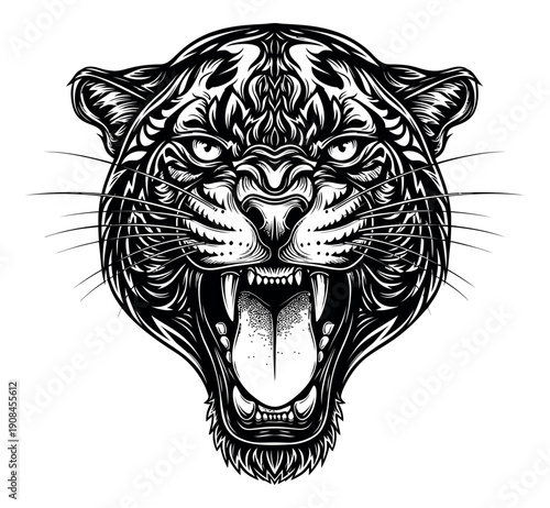 Stylized line art illustration of a roaring tiger head depicting aggression for powerful branding