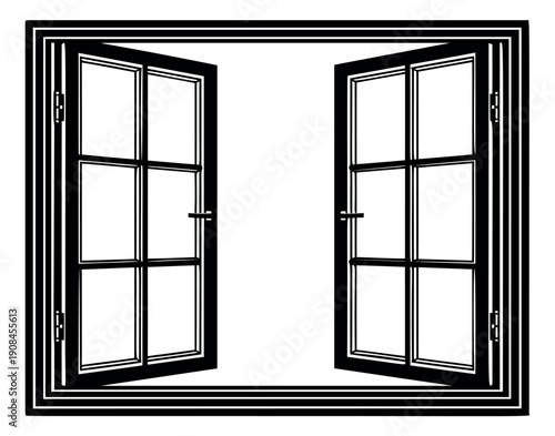 Line art illustration of an open window depicting an airy view for architectural projects