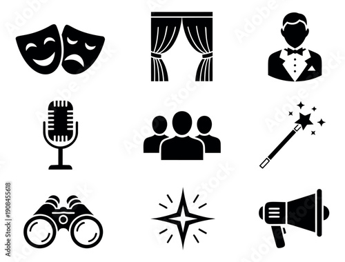 Glyph entertainment icon set featuring theater masks, stage elements, and performance tools for events