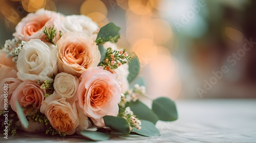 Beautiful Peach and Cream Rose Bouquet with Eucalyptus Leaves.