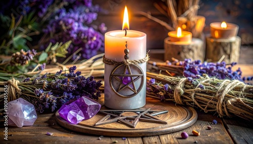 Mystical Still Life with Candle Lavender and Crystals for Spiritual Well Being and Ritual Practice.
