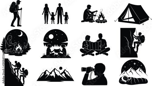Silhouette of people engaging in various outdoor activities and camping scenes black white