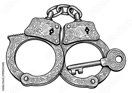 Hand drawn line art illustration of handcuffs with a key depicting security and potential release for justice concepts