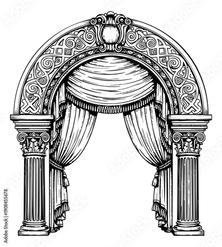 Hand drawn line art illustration of an ornate archway depicting draped curtains and classical columns for elegant event designs