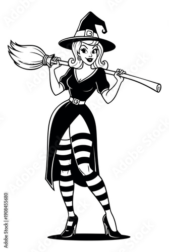 Pin up style line art illustration of a witch depicting her holding a broom for Halloween