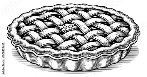 Engraved line art illustration of a lattice pie depicting a sweet baked good for dessert menus