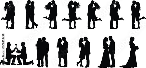 Silhouettes of couples in various romantic poses and wedding scenes on white background bride