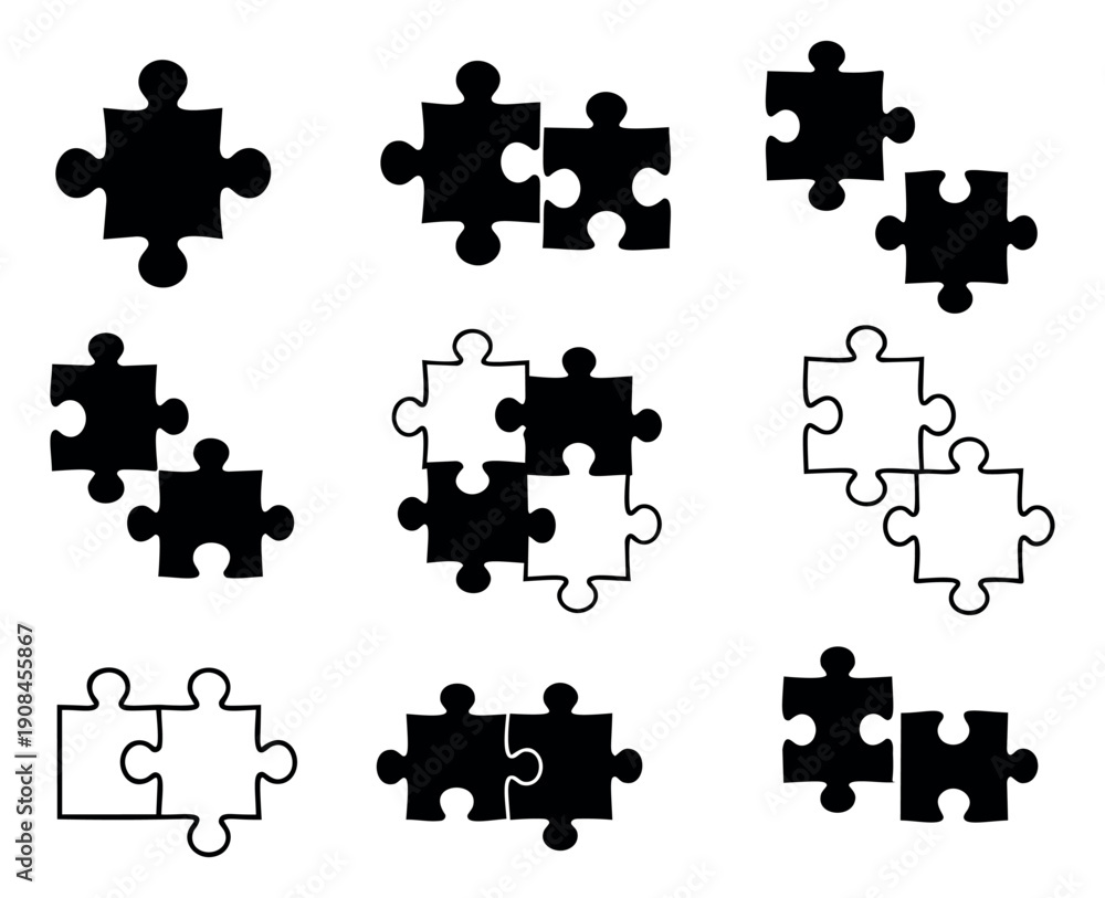 Naklejka premium Graphic puzzle pieces set featuring connected and disconnected elements for business and problem solving concepts