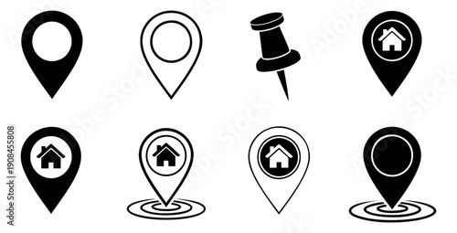 Modern location and home marker icons set featuring various map pins, house pointers, and a pushpin for digital mapping and real estate