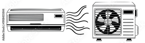Line art air conditioner set featuring indoor and outdoor units for climate control and comfort