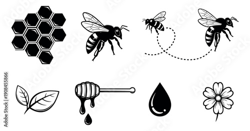 Stylized apiary and honey set featuring bees, honeycomb, a honey dipper, and floral elements for natural branding