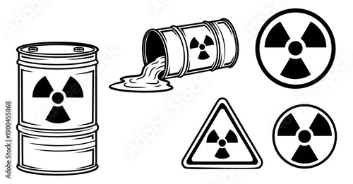Vintage style line art radiation hazard icons set featuring barrels, one spilling, and warning symbols for industrial danger