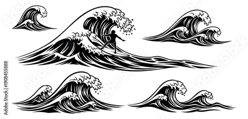 Stylized hand drawn ocean wave set featuring various waves and a surfer riding a large wave for summer sports and marine themes