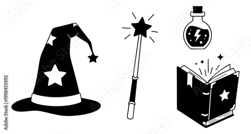 Simple graphic magic elements set featuring a wizard hat, a magic wand, a potion bottle, and an open spellbook for fantasy and magic themes