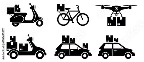 Solid style delivery vehicle icons set featuring various vehicles and a drone transporting packages for shipping and e-commerce applications