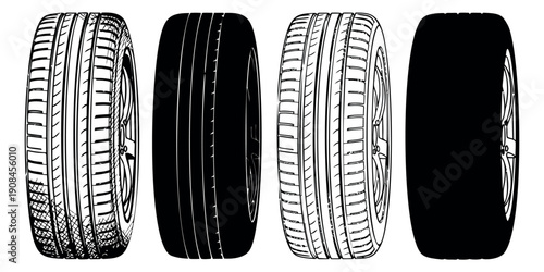 Line art and silhouette car tire set featuring various detailed and solid designs for automotive and transportation concepts