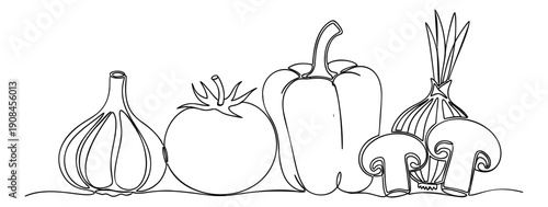 Continuous line hand drawn vegetables set featuring garlic, tomato, bell pepper, onion, and mushrooms for cooking and healthy eating
