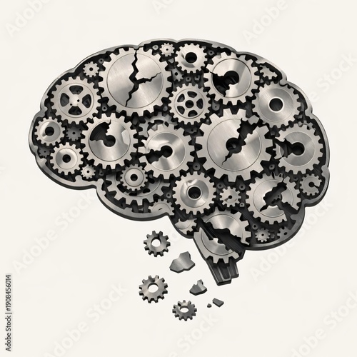 Broken Cogwheel Brain Symbolizing Mental Block, Problem Solving Difficulty, Thinking Failure, Stress, Burnout and Mental Exhaustion.