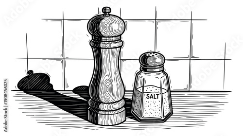Hand drawn line art seasoning containers set featuring a pepper mill and a salt shaker for kitchen and dining