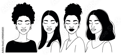 Minimalist line art diverse women set featuring various hairstyles and serene expressions for beauty, diversity, and wellness projects