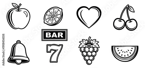 Line art slot machine symbols set featuring fruits, a bell, a heart, the number seven, and the bar sign for gambling game design
