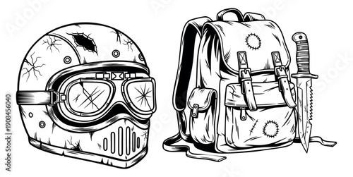 Grungy hand drawn line art gear set featuring a distressed motorcycle helmet and survival backpack for outdoor adventure and post-apocalyptic designs