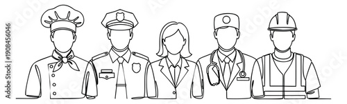 Continuous line art occupations set featuring a chef, police officer, businesswoman, doctor, and construction worker for community and essential services