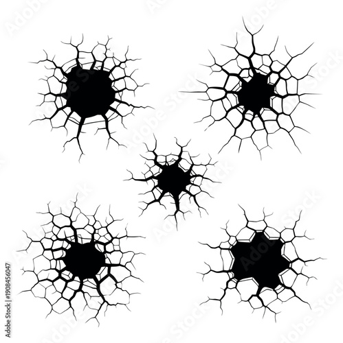 Line art impact cracks set featuring various destructive holes for design projects