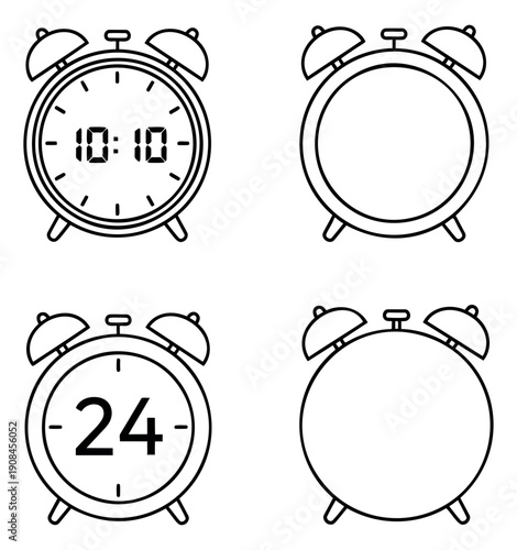 Line art alarm clock set featuring digital and blank clock faces for time management