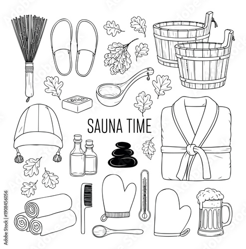 Hand drawn line art sauna accessories set featuring a variety of bath and wellness items for relaxation
