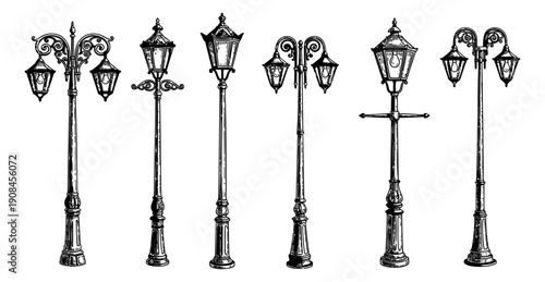 Vintage hand drawn line art lamppost set featuring various classic designs for urban illumination