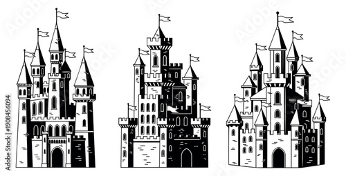 Line art castle set featuring various fantasy medieval fortresses for fairy tales and historical themes